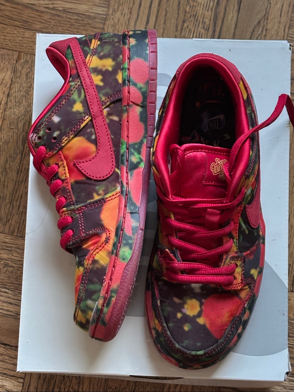 Nike Dunks Limited Edition Wizard of Oz Poppie Field Print in Red, Yellow, Green
